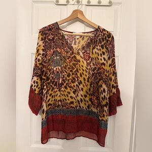 Lady Dutch High Society, animal print sheer V-neck blouse, size M